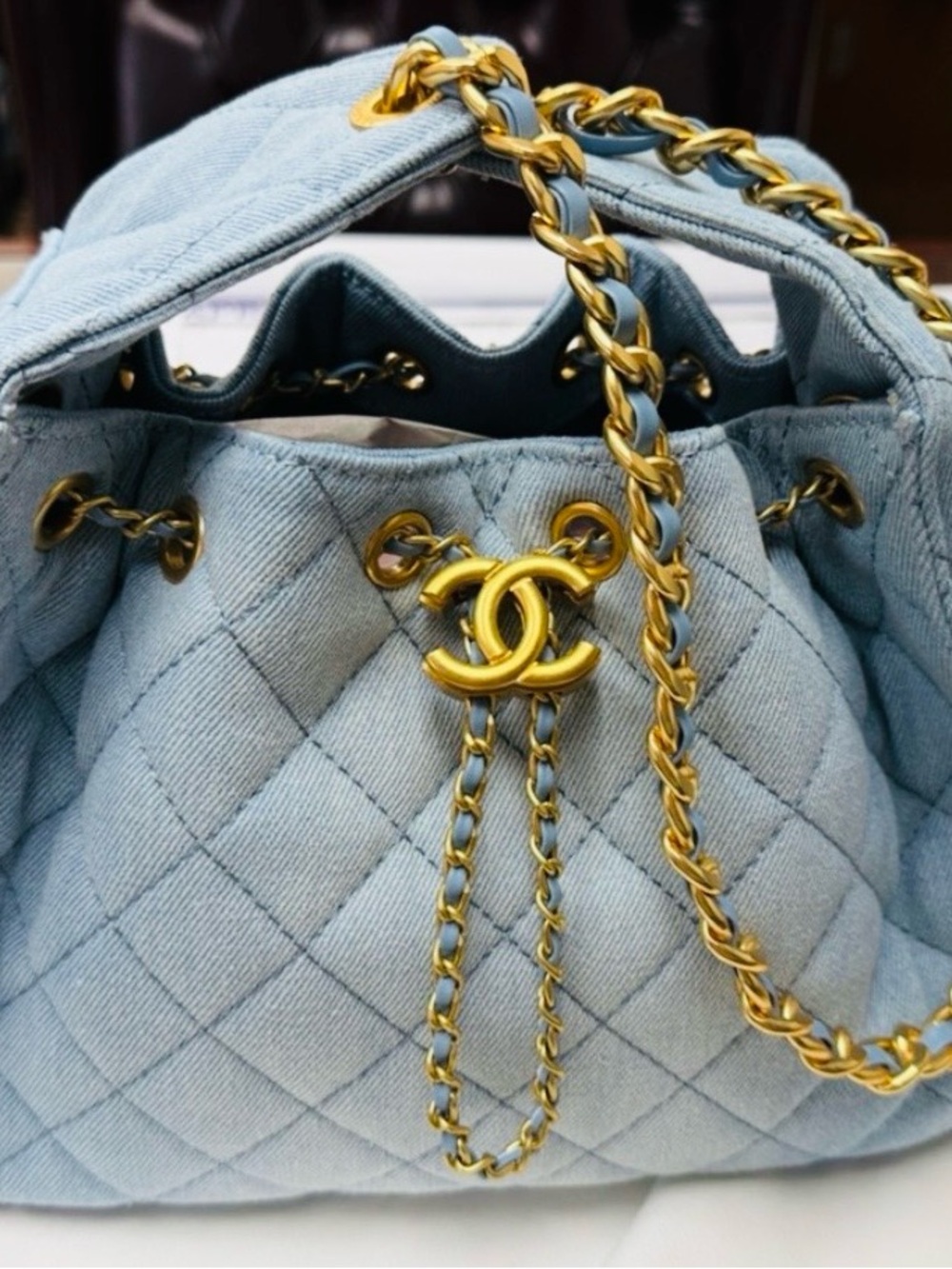 Denim quilted drawstring bag w/gold chain Chanel Vibe dust bag inc. VIDEO added